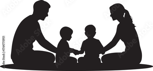 Black silhouette of a family with two children sitting together on a floor parents