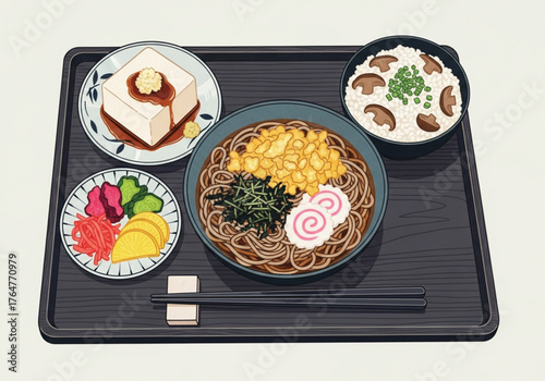 A Japanese meal set featuring soba noodles, rice with mushrooms, tofu, and pickled vegetables, presented on a black tray with chopsticks.