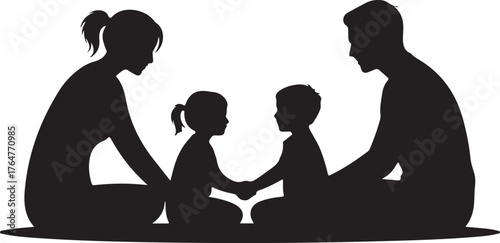 Black silhouette of a family of four sitting together holding hands on a white background parents