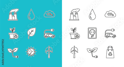 Vector illustration of collection of ecofriendly icons representing renewable energy, recycling, and environmental protection concepts