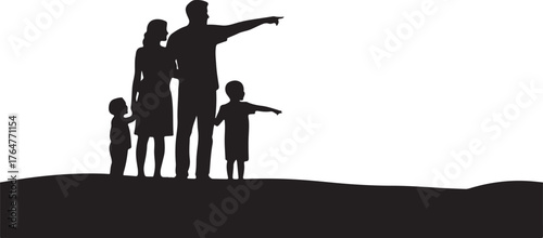 Black silhouette of a family of four standing on a dark hill pointing into white space vector