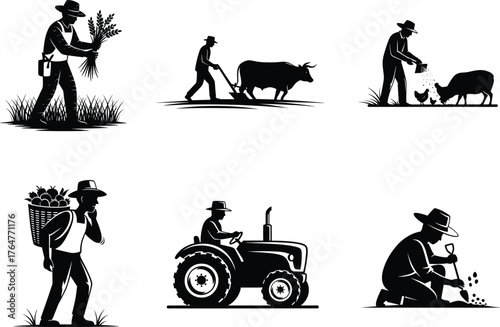 Silhouette vector illustration of farmers working in agriculture field with animals, tractor, and crops, traditional rural farm lifestyle concept, black design