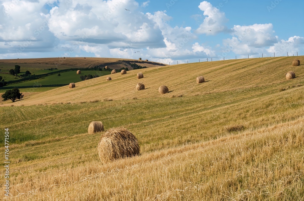 Obraz premium Multiple hay stacks spread over sloping farmland