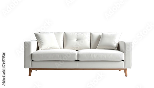 Clean image of a white couch with three pillows against a plain black background