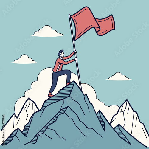 Vector art of man plants flag on peak