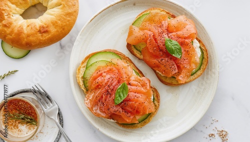 Bagel topped with salmon, s...