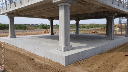 Construction scene featuring foundation work, concrete slabs, reinforced columns, support sheeting, main posts, steel reinforcement bars, and building materials on site