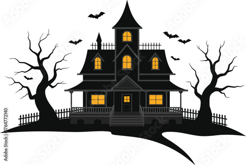 Spooky haunted victorian house with bare trees and bats at night