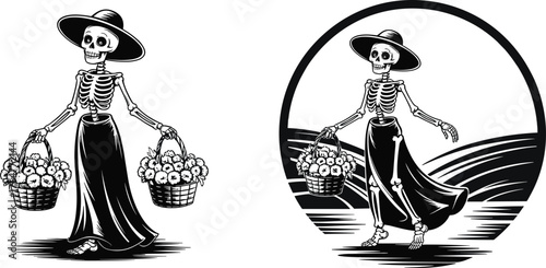 Skeleton woman carrying flower baskets, gothic vintage illustration, Day of the Dead inspired art, spooky skeleton design with hat and long skirt vector