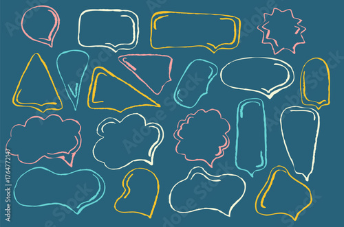 Crayon speech frame for text. Chalk talk box with doodle line. Cute pencil balloon for sketch chat. Dialogue bubble label with scribble decoration child design. Comic think or speak ornament element.