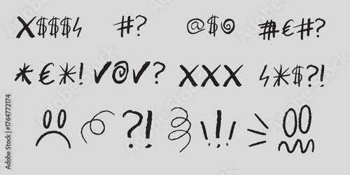 Doodle swear and angry word icon in vector. Upset mad moon and comic complain scribble drawing set. Charcoal sketch with swearing or curse tattoo. Cool punk thinking with gossip talk and vintage type.