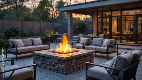 Modern patio with fire pit at dusk surrounded by elegant furniture. Concept of luxury outdoor lifestyle and comfort
