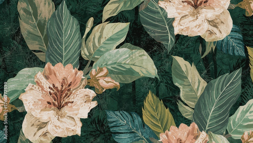 custom made wallpaper toronto digitalInterior hood wallpaper featuring oversized tropical leaf illustrations with bold outlines, a textured background, and distressed markings.