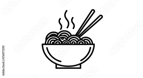 A detailed illustration of a bowl filled with noodles, accompanied by chopsticks, and steam rising.