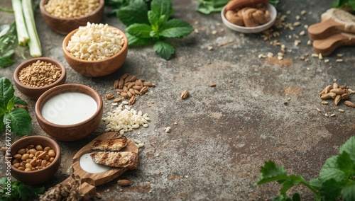 Wallpaper Mural Assortment of Pagano diet meals arranged on a rustic stone surface. Nutrition for managing psoriasis. Empty area for text Torontodigital.ca