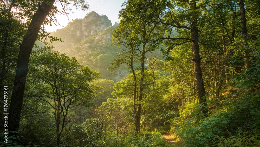 Obraz premium Dense woodland amidst highlands