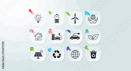 Vector illustration of collection of ecofriendly icons representing renewable energy, sustainability, and environmental conservation