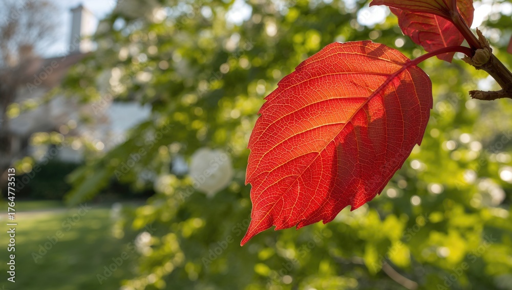 Obraz premium Close-up of a vibrant red shoot leaf with a natural summer backdrop featuring floral patterns and greenery
