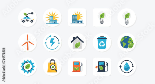 Vector illustration of assortment of colorful circular and square icons related to green energy, environmental awareness, and sustainable living