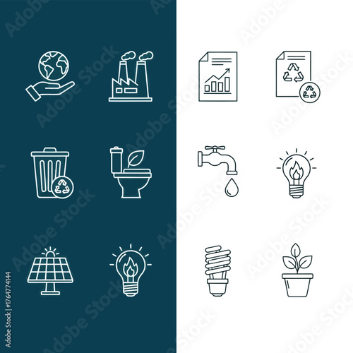Vector illustration of collection of ecofriendly icons representing sustainability, recycling, and environmental protection