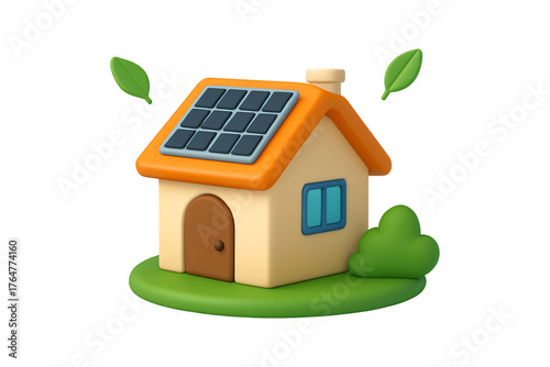 Cute, small house with a solar panel on the roof. Cartoonish, 3D model style, no background art.