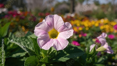 Pink petunia blossoms in a morning garden scene