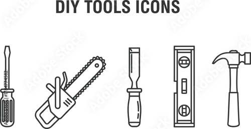 Set of DIY tool icons including hammer, screwdriver, chainsaw, chisel, and spirit level for home improvement and construction projects.