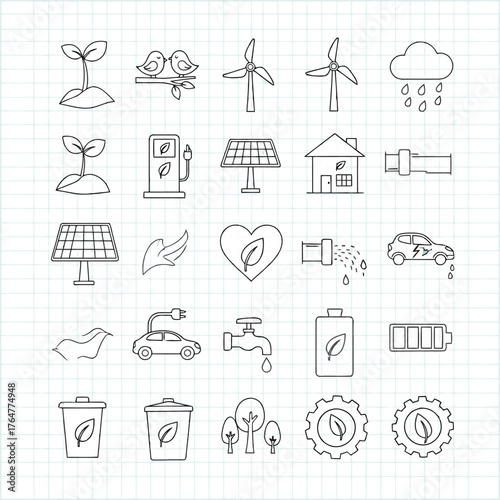 Vector illustration of handdrawn sketch icons on a grid background illustrating environmental and ecofriendly themes such as renewable energy, recycling, and nature