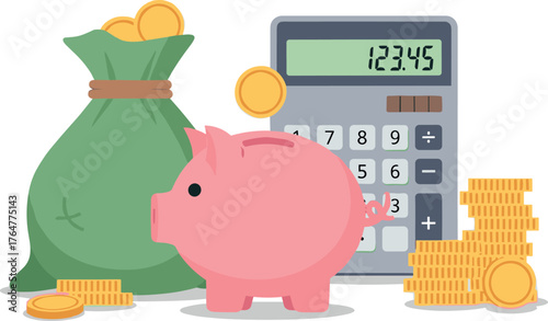 Piggy bank, calculator, and money bag with coins