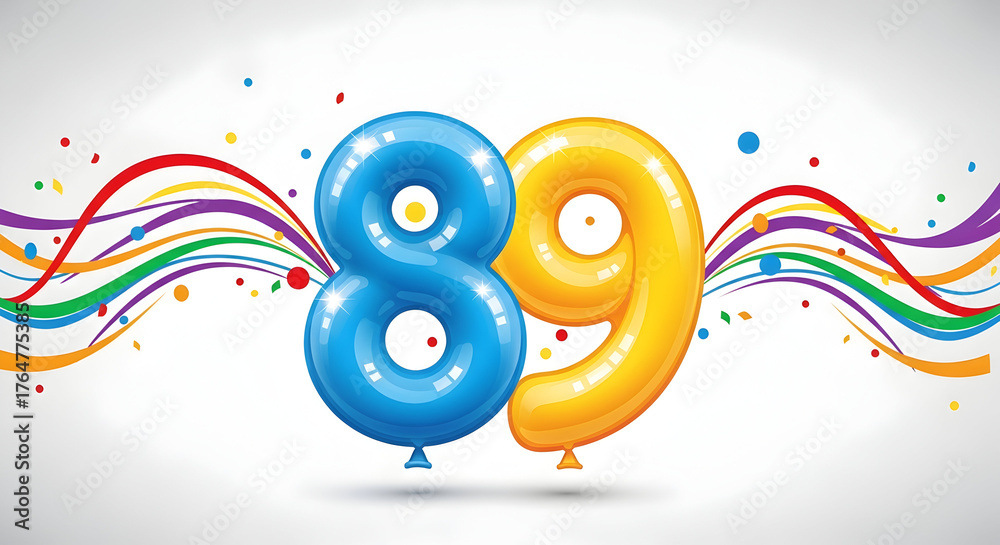 Obraz premium Blue and Yellow Number 89 Balloons with Colorful Ribbons