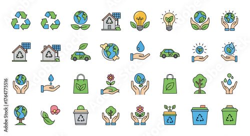 Vector illustration of collection of colorful flat icons representing ecofriendly concepts like recycling, renewable energy, and environmental protection