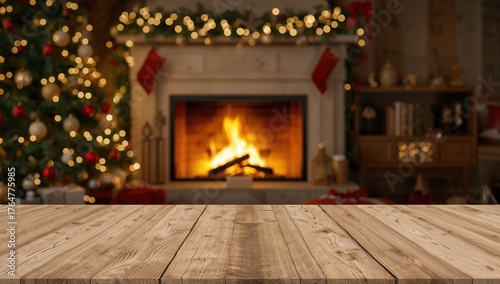 Elegant wooden surface near decorated tree and cozy fire, festive holiday setup with blank wooden board for product display