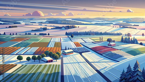  Very beautiful aerial view of snow-covered winter fields under a soft pale sky, showcasing calm patterns and natural geometry of frozen farmland bathed in gentle sunlight.