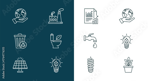 Vector illustration of collection of ecofriendly icons representing sustainability, recycling, renewable energy, and conservation efforts