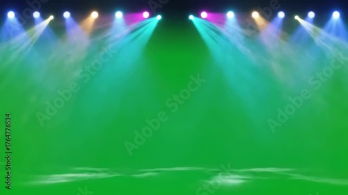 Dynamic Stage Lighting with dj lights on green screen background light beams spotlights chroma key 4k video effect copy space distortion, overlay, glitch, static noise, scan lines black background