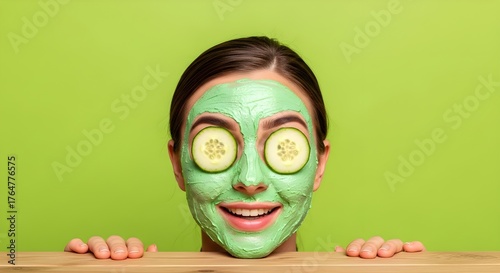 young woman with mask skincare smiling. 