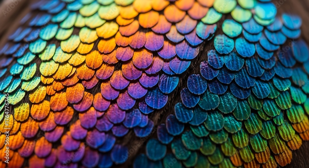 Obraz premium Vibrant Iridescent Scales Texture in Rainbow Gradient with Shimmering Blue, Green, Yellow, Orange, Purple Hues. Close-up Macro Detail of Exotic Animal Feathers or Skin.