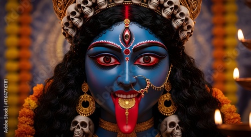 maa Kali face closeup, goddess Kali jewelry