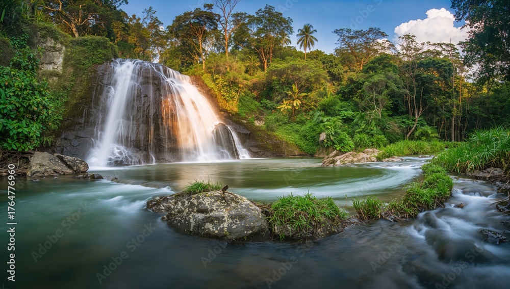 Fototapeta premium Long exposure shot of a river waterfall surrounded by natural landscape and flowing stream