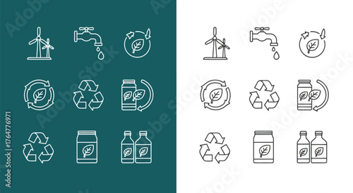Vector illustration of set of line art icons for environmental protection and sustainability, including wind turbine, water tap, and recycling symbols