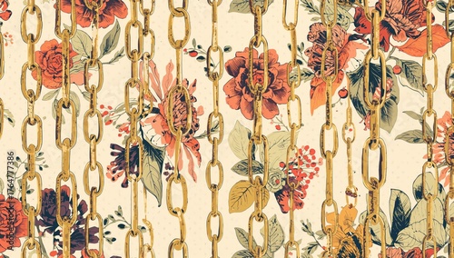 Continuous Gold Chain Pattern with Polka Dots. 2D Illustration for Textile Designs and Backgrounds.