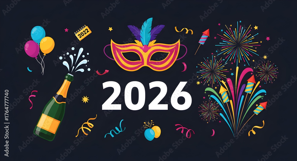 Fototapeta premium New Year 2026 celebration with fireworks mask and champagne