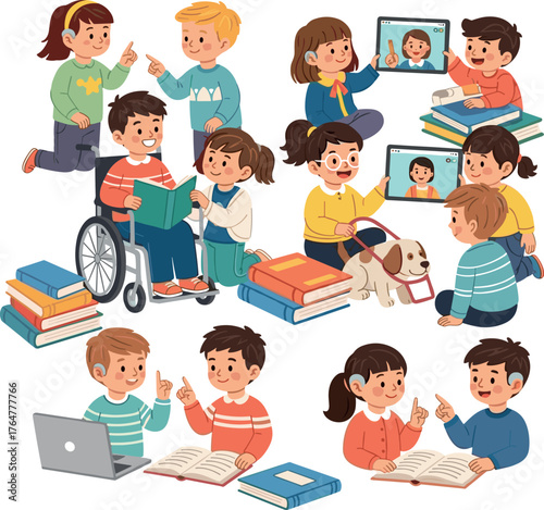 Diverse children learning together with technology and books