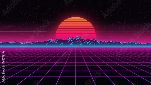 Neon-lit mountain landscape with a sunset glow in a vintage retro-wave style.