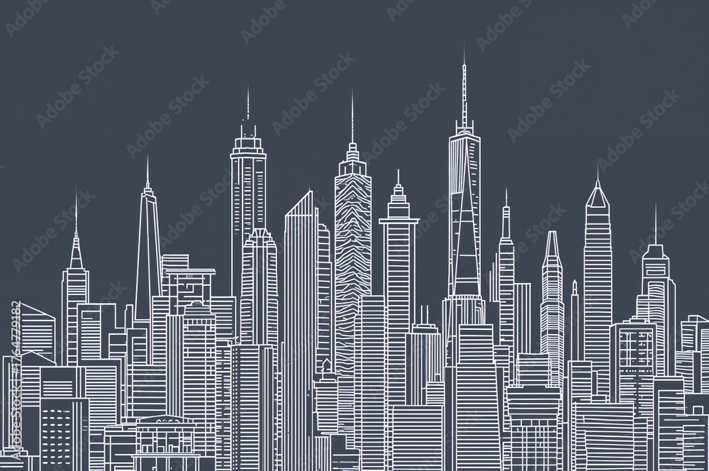 Continuous row of high-rise buildings in a vast urban area, illustrated with a minimalist single-line design of an office district.