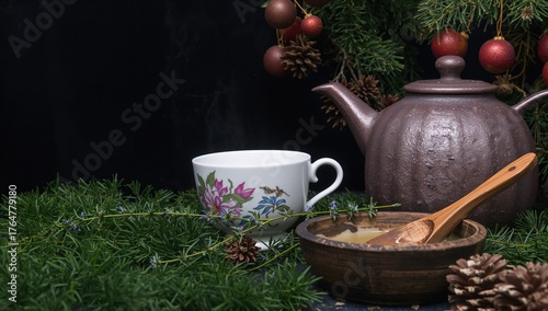 Wallpaper Mural Cup of thyme tea with teapot and thyme flowers on dark surface. Herbal tea presented in wooden spoon and bowl. Torontodigital.ca