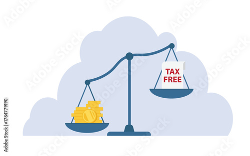 Tax return. Tax free and money balance on scale
