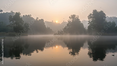 Peaceful lake at dawn with ...