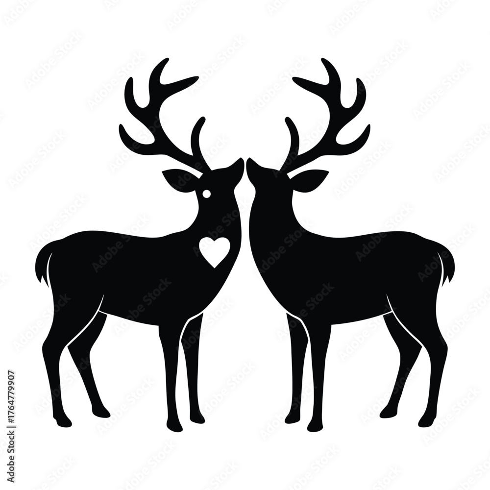 Obraz premium Deer pair with heart between antlers Valentine wildlife concept silhouette