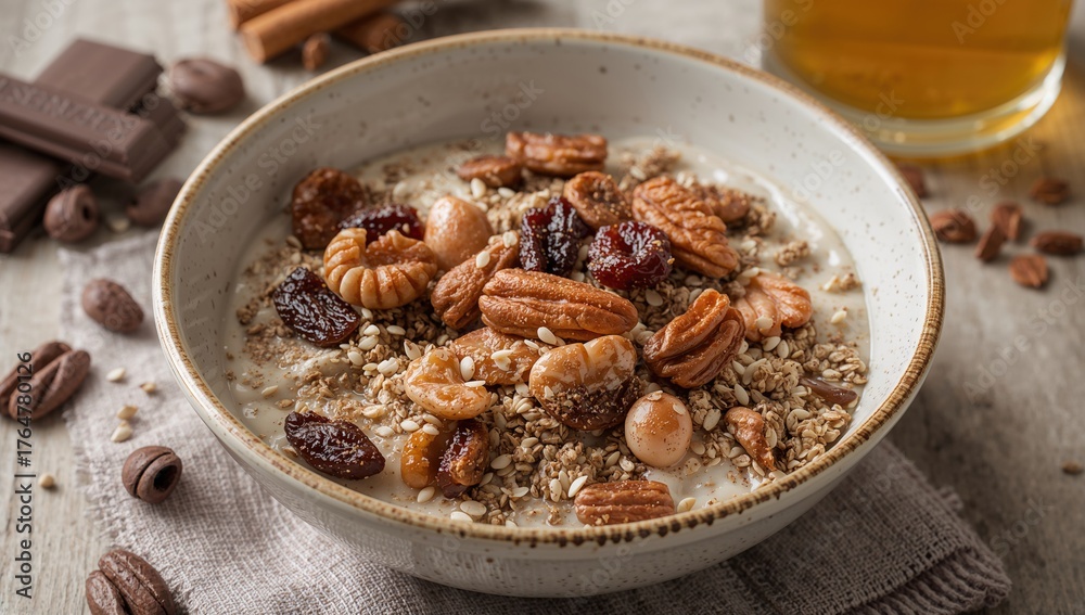 Fototapeta premium Nutty Raisin Muesli with Honey, Cinnamon, and Sesame Seeds for a Healthy Breakfast